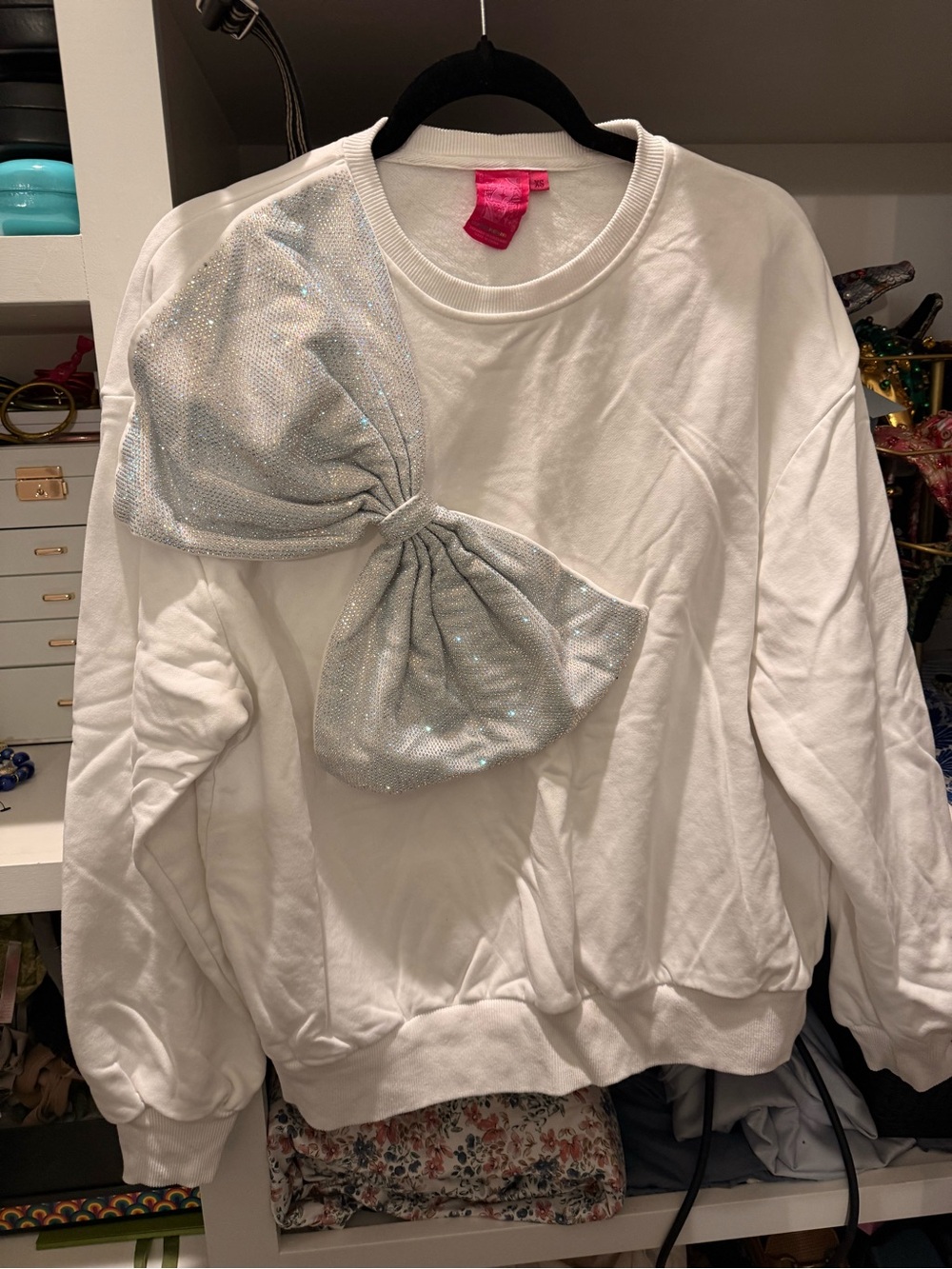 QoS White Sweatshirt with Sparkle Bow Accent